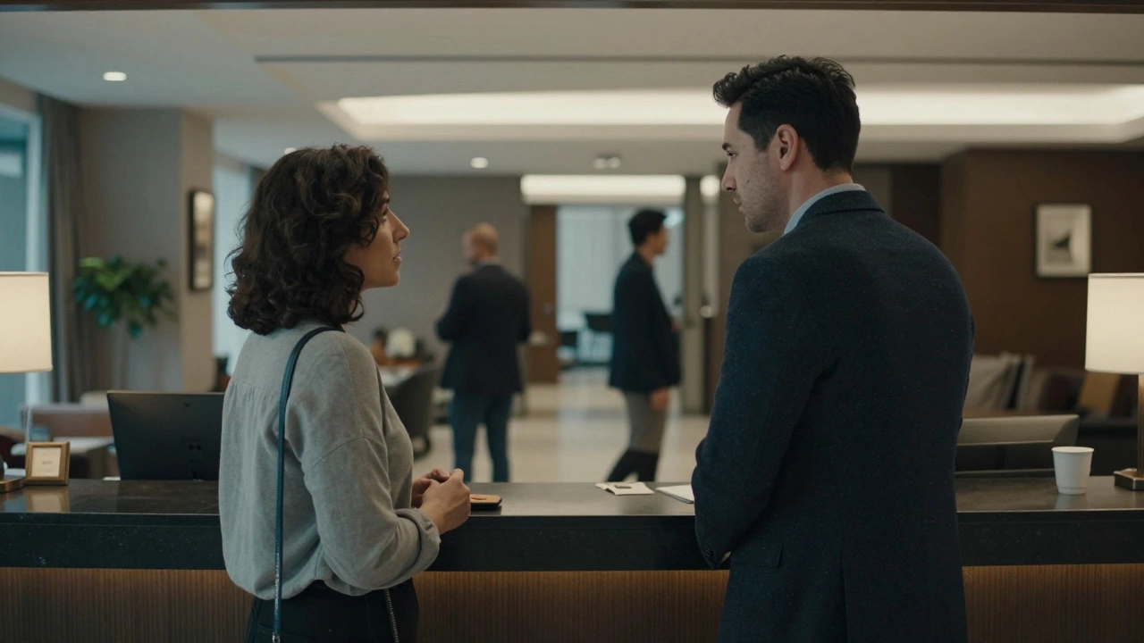 A man and woman exchange a polite nod in a hotel lobby, conveying discretion and unspoken agreement.