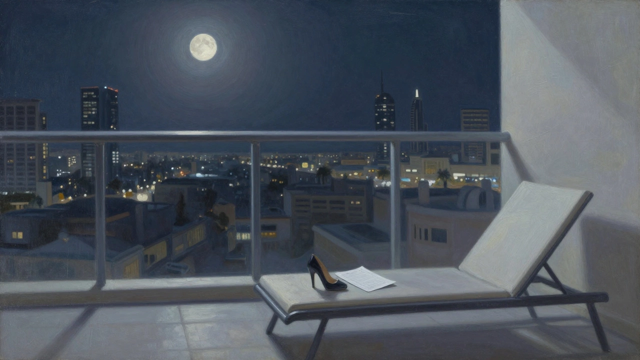 An empty balcony at night in Dubai, a single shoe and folded note hinting at a quiet, private moment.